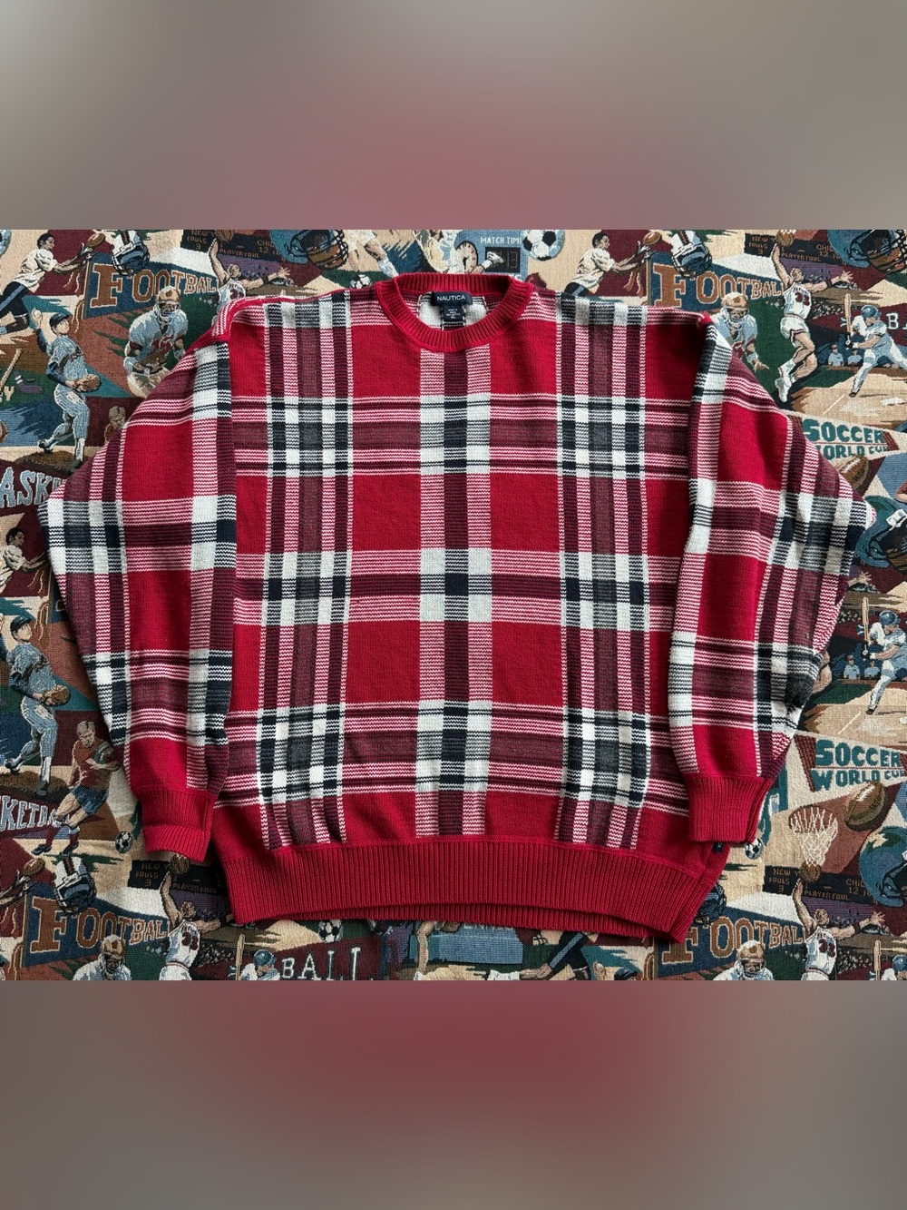 Vintage 90s Men’s Nautica Red Plaid Cotton Sweater